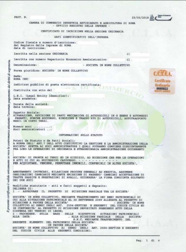 Certificato iscrizione Camera di Commercio (NO Visura Camerale)