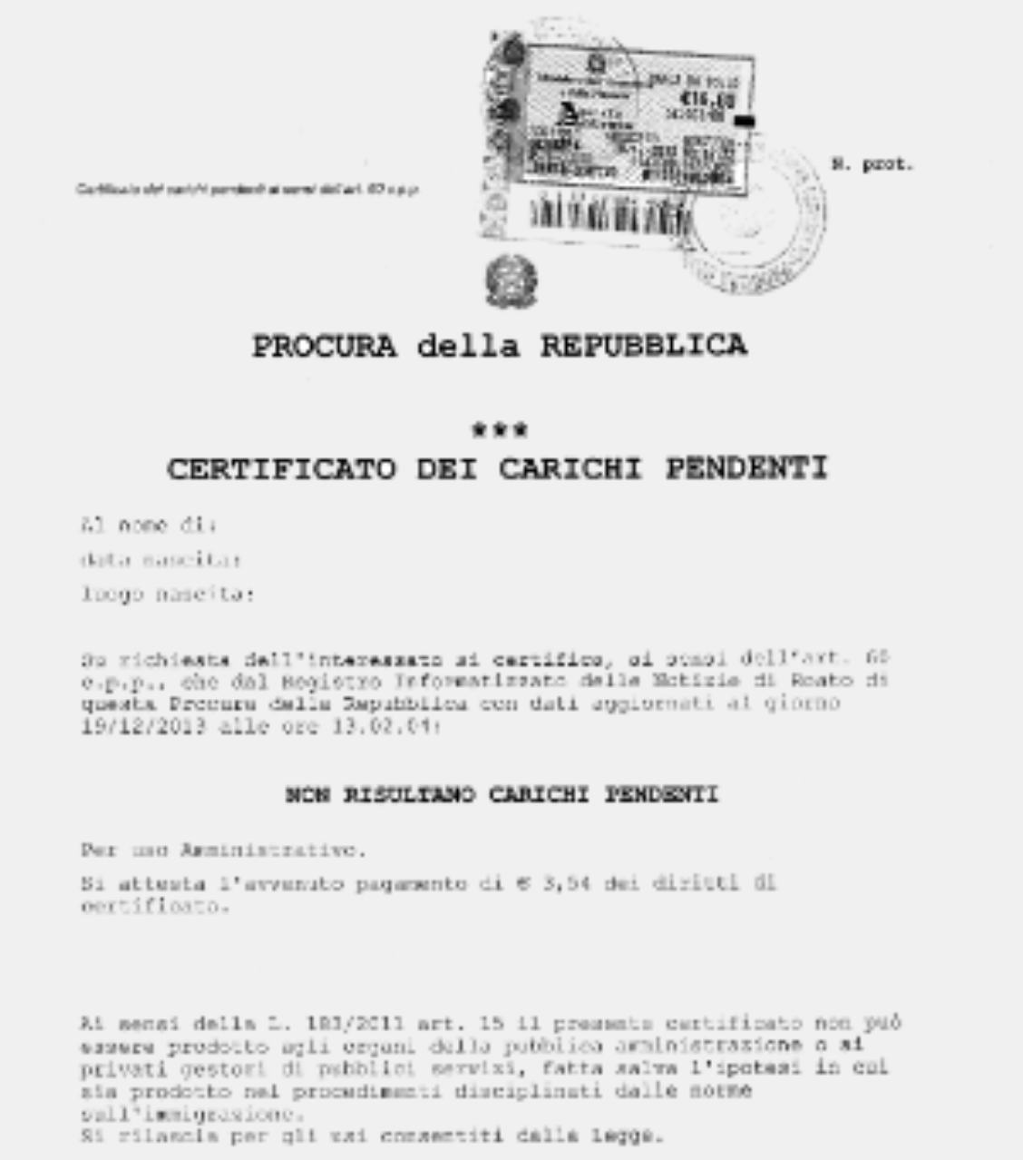 Certificato Carichi Pendenti