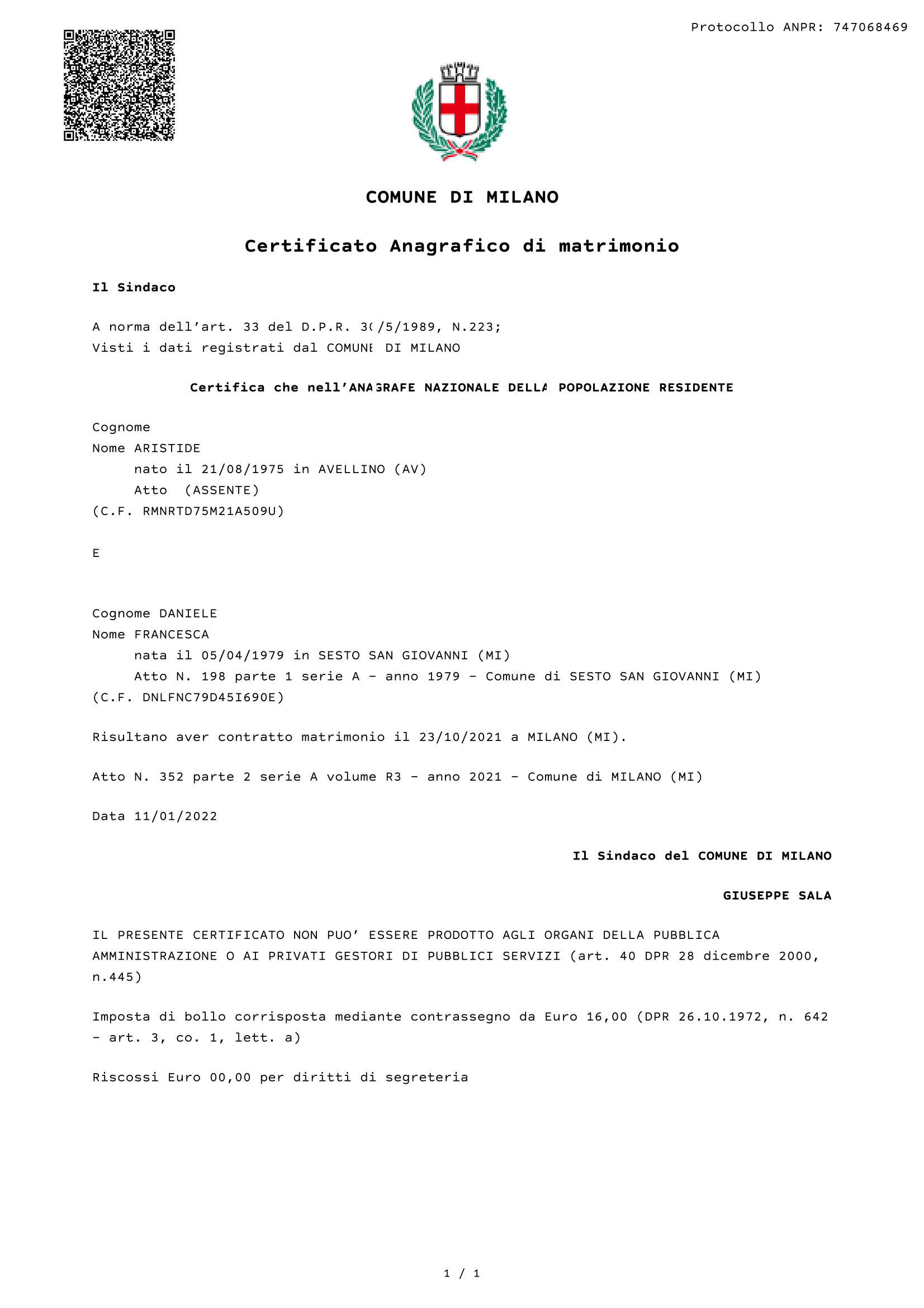 Certificato di Matrimonio