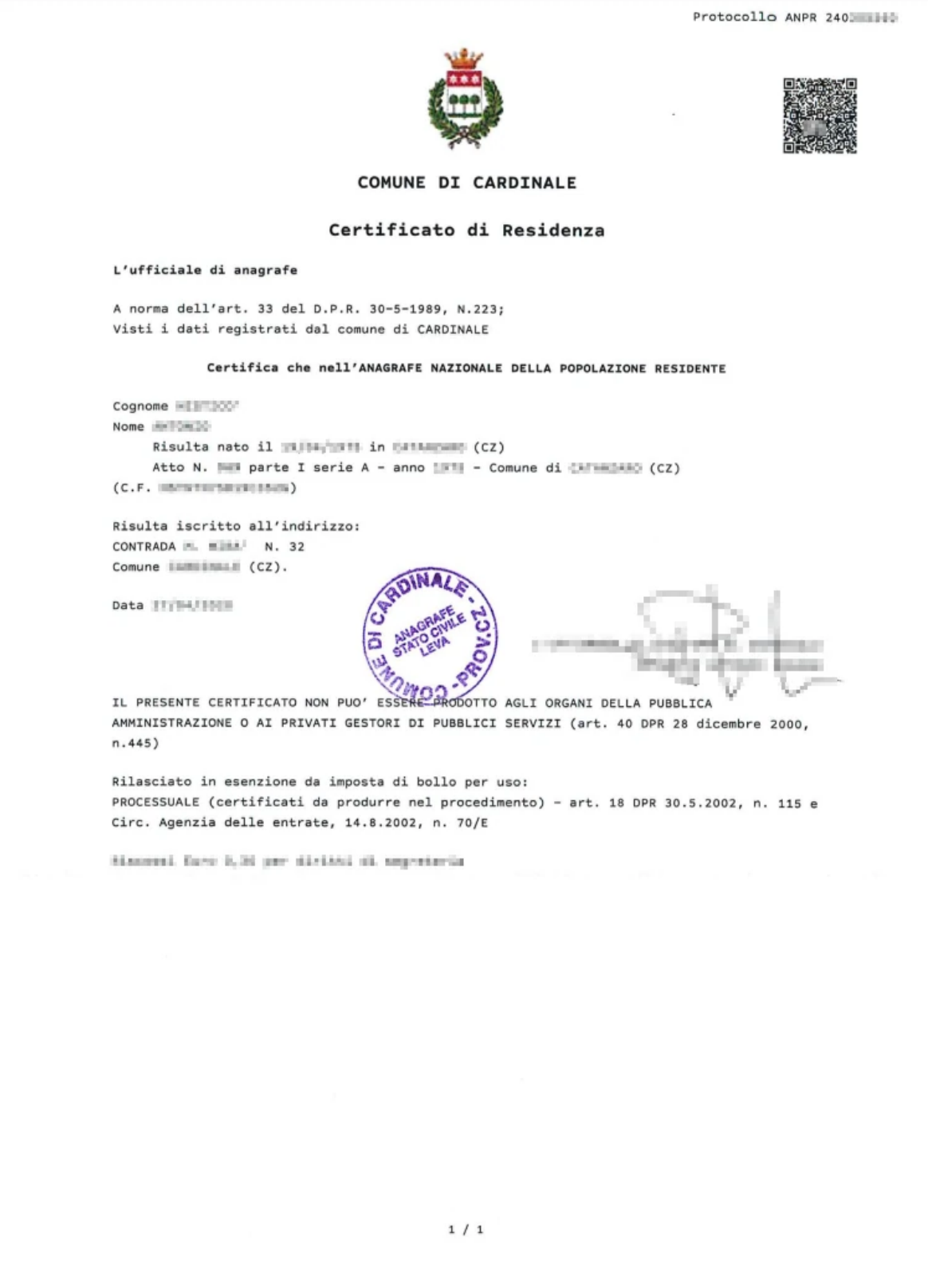 Certificato di Residenza